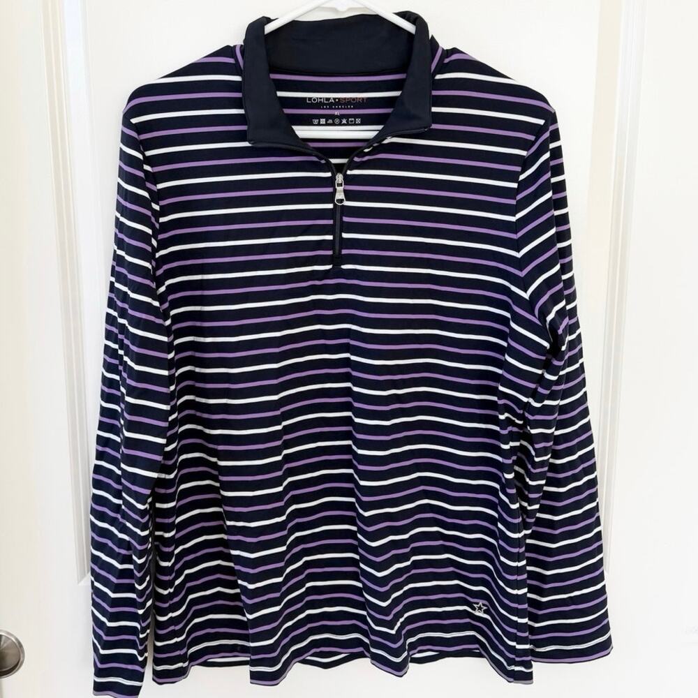LOHLA SPORT Julianna Striped Quarter Zip Long Sleeve Golf Top Purple XL